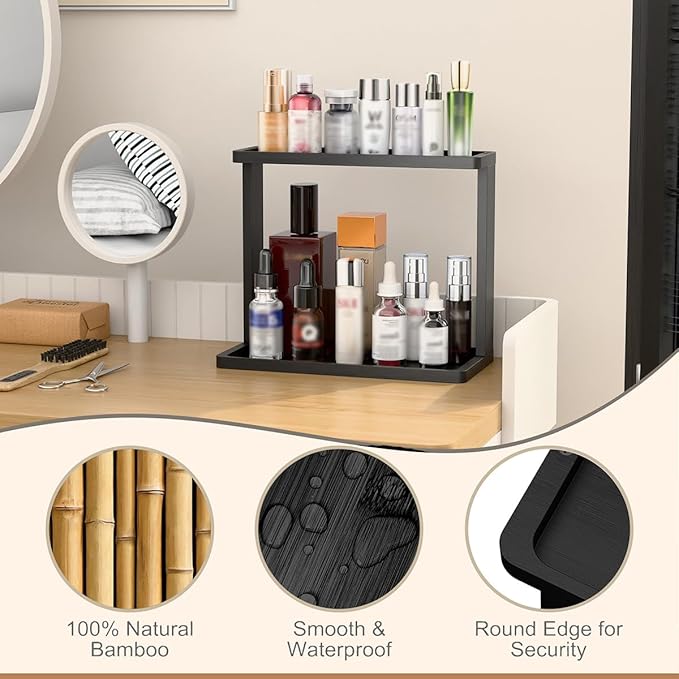 PEKER Bamboo Bathroom Organizer Countertop Ã¢ÂÂ Small Vanity Storage Shelf for Makeup, Perfume, Skincare Ã¢ÂÂ Natural Cosmetics Display Rack for Dresser, Sink, Kitchen Ã¢ÂÂBlack