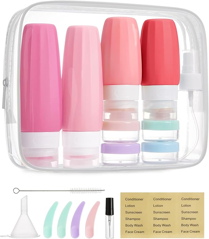 BAGSMART 18 Pack TSA Approved Travel Bottles for Toiletries, Leak Proof Silicone Travel Size Containers Bottles for Shampoo, Rose Pink