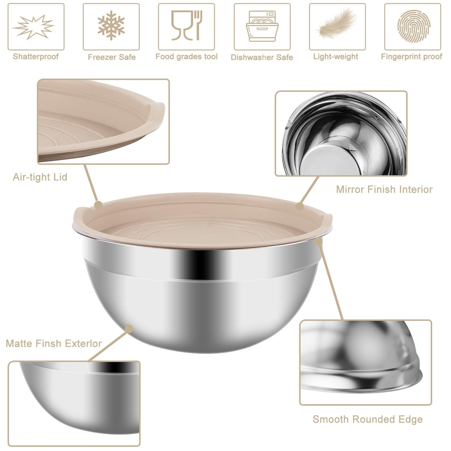 WEPSEN Mixing Bowls Set, 27PCS Khaki Mixing Bowls With Lids Set Stainless Steel Kitchen Large Nesting Metal Bowl 7QT to 1.5QT, Measuring Cups and Spoons for Prepping Cooking Serving