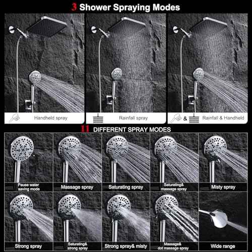 14''Rainfall Shower Head with Handheld-11Modes Hand held with Power Jets, Adjustable Rain Showerhead,Double Shower heads High Pressure,70"Hose&detachable Holder Upgrade for Tandem Bathroom