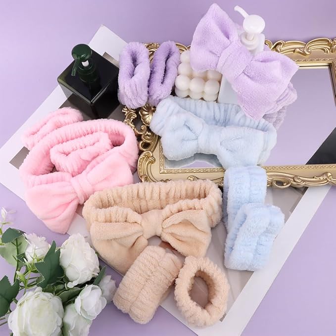 AOPRIE SPA Headbands for Washing Face Makeup Headbands with Bow Hair Band Women Facial Head Band Laurel Wrist Towel Wraps For Shower Face Mask Blue Pink Purple, 12 Pack