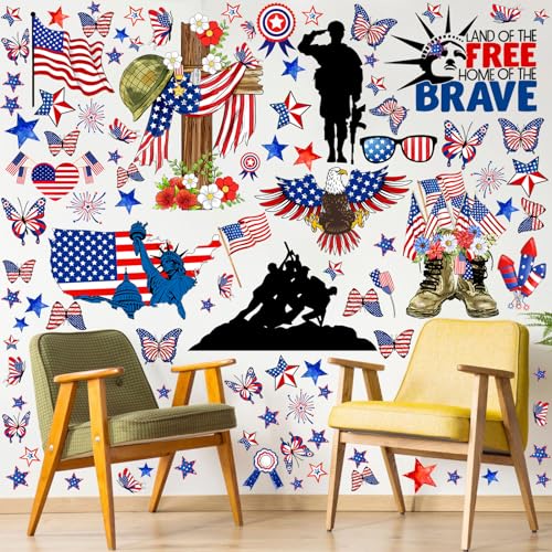ReliThick 4th of July Wall Stickers Memorial Day Wall Decals Land of The Free Window Clings American Flag Military Soldier Boots Stickers Decor for Independence Day Party Home Office School Decor