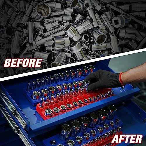 ALOANES 54-Slot Magnetic Socket Organizer - 2PC Holder Kit, Premium Tray Holders for Standard & Deep Metric Sockets, Heavy Duty 3/8-inch Drive Tool Organizer (Red & Blue)
