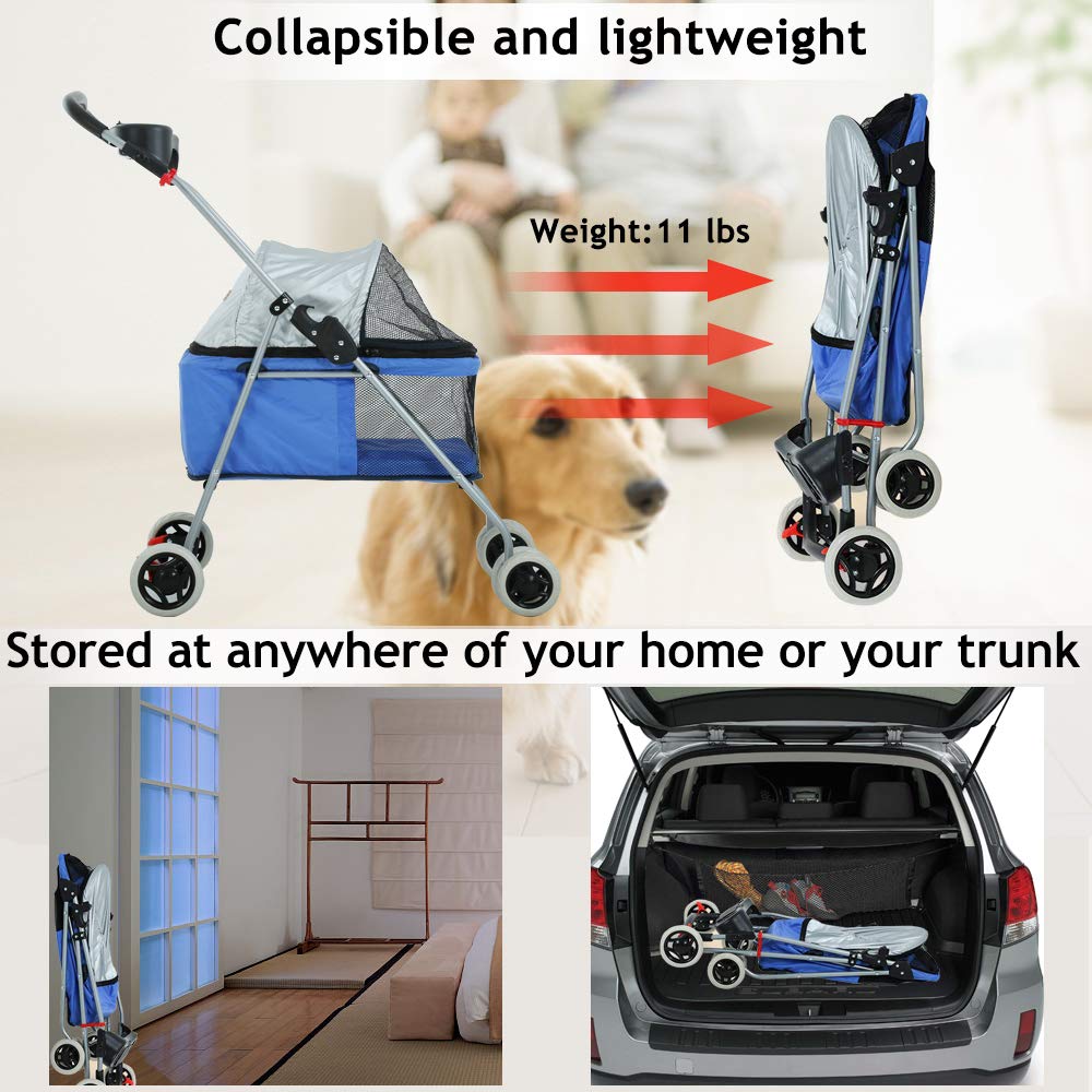 Dog Stroller Pet Stroller Cat Strollers Jogger Folding Travel Carrier Durable 4 Wheels Doggie Cage with Cup Holders 35Lbs Capacity Waterproof Puppy Strolling Cart for Small-Medium Dogs, Cats - Blue