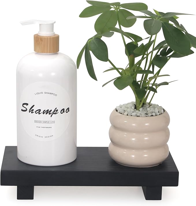 Black Bathroom Vanity Organizer Tray for Countertop Small Wooden Pedestal Stand Farmhouse Kitchen Sink Tray Decorative Hand Soap Dish Dispenser Holder Wood Risers Modern Bathroom Decor Accessories