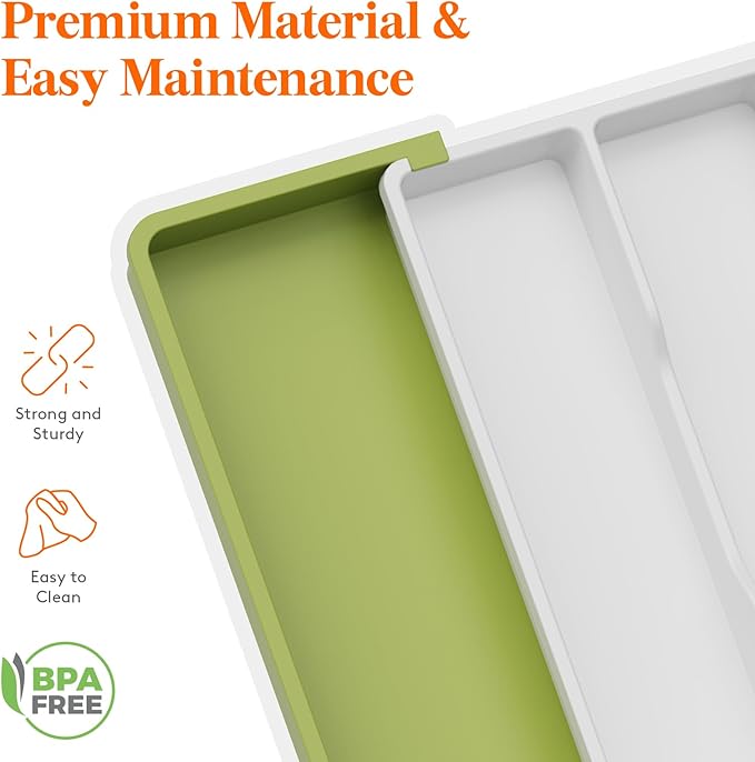 Lifewit Utensil Organizer for Kitchen Drawers, Expandable Cooking Utensil Tray, Adjustable Cutlery Silverware Flatware Holder, Plastic Spatula Tools Storage Divider, 13-22 x 15", Green&White