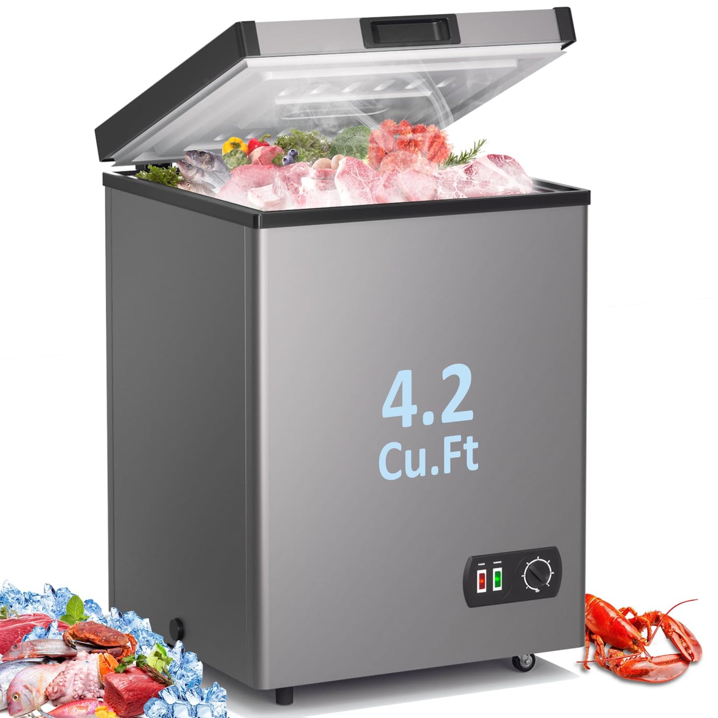LifePlus Chest Freezer 4.2 Cubic Feet with Removable Storage Basket, Deep Freezer 7 Adjustable Temperature, Energy Saving, Super Quiet for Garage, Office, Kitchen, or Apartment