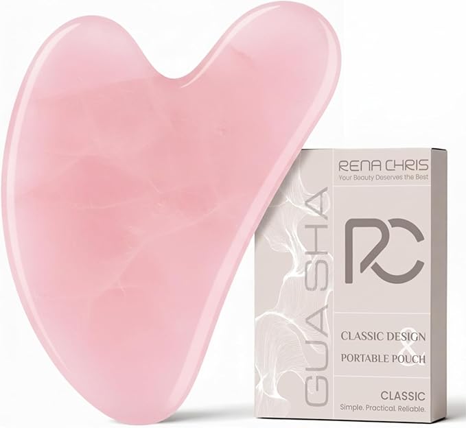 Rena Chris Gua Sha Facial Tools: Rose Quartz Guasha Tool for Face Acupuncture Therapy, Facial Massager for Jawline Sculpting and Puffiness Reducing (Pink)