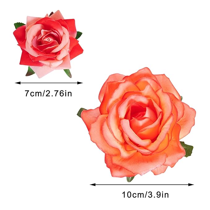Rose Hair Clip Flower Hairpin Brooch Floral Clips, 4 Pcs Fabric Rose Flowers Hair Clips Mexican Hair Flowers Pin up Headpieces for Wedding Party Mother's Day (2 Sizes) (Pink Red)
