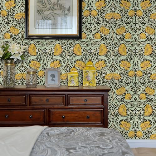 Yellow Boho Floral Wallpaper Peel and Stick Flowers Contact Paper 17.5"¡¿118" - Mid Century Style William Morris Self Adhesive Vinyl Removable Wall Paper for Kitchen Bedroom Renter Friendly Home Decor
