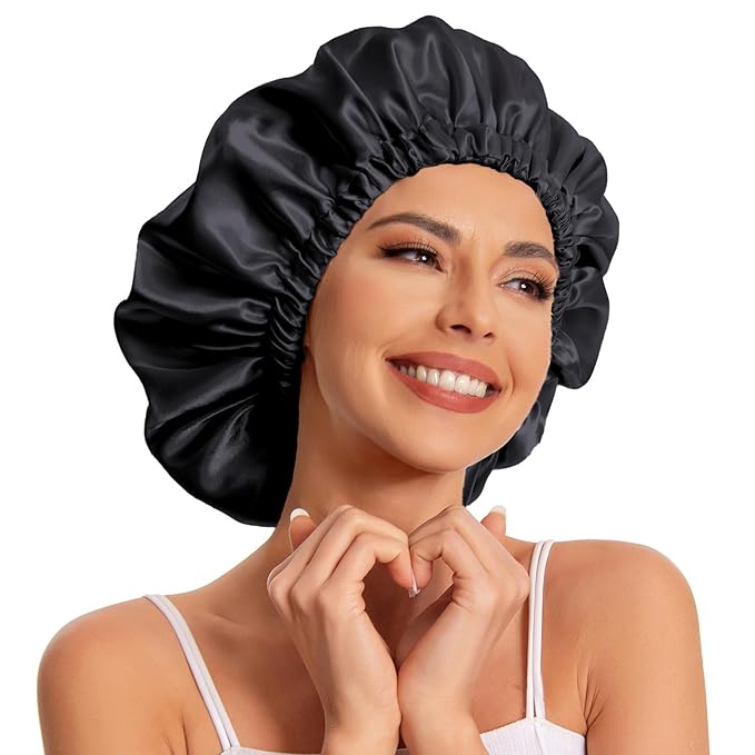 Satin Bonnet Silk Bonnet Hair Bonnet for Sleeping-Slouchy Beanie Hat Satin Sleep Cap for Women's Natural & Curly Hair(Black)