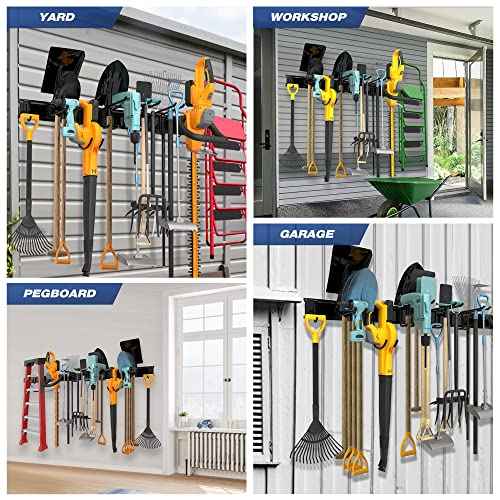 Garage Tool Storage Rack, Heavy Duty Garage Storage Organizer Rack System Wall Mounted Tool with 6 double hooks, 2 rails, Garden Yard Tools Hanger Rack for Ski Gears, Broom, Rake,Shovel