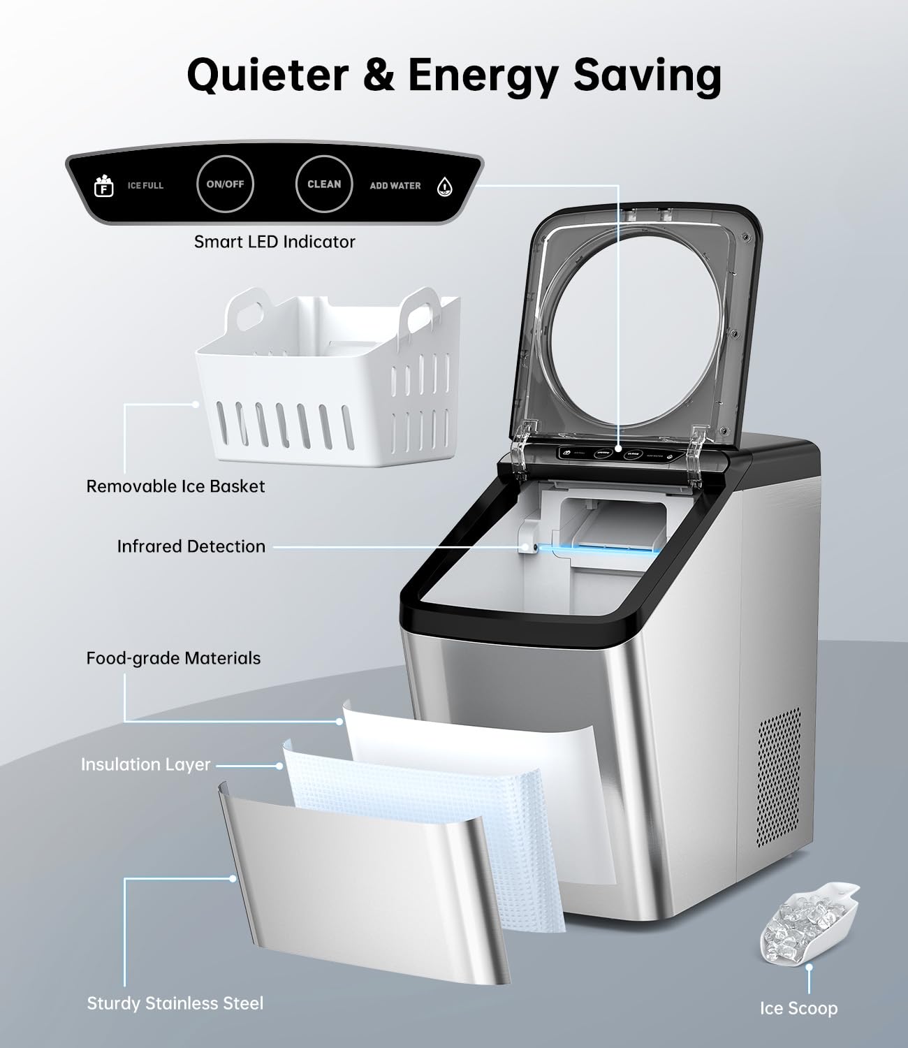 WIE Nugget Ice Maker Countertop, 44 lbs in 24 Hours, Pellet Ice Maker Machine with Self-Cleaning, Scoop & Basket Included, Crushed Pebble Ice Makers for Home, Office, Kitchen, Party