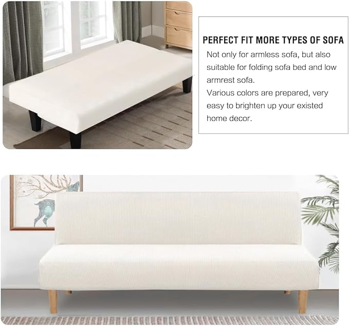 H.VERSAILTEX Armless Futon Cover Stretch Sofa Bed Slipcover Protector Elastic Feature Rich Textured High Spandex Small Checks Jacquard Fabric Futon Cover, Machine Washable, Porcelain White