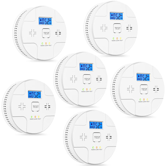 6 Packs,2 in 1 Technology, Smoke,Carbon Monoxide Detector, Co Alarm,85db Alert,LCD Readout,3 Color LED Indication,(Green Light Blinking at Work), with 3 AA Batteries,Easy Install,for Home and Kitchen