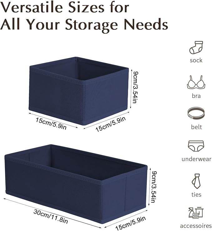 DIMJ Drawer Organizers Clothes, Set of 8 Dresser Organizer Bins, Fabric Closet Organizers and Storage, Shallow Drawer Dividers for Nursery, Clothing, Baby Clothes, Socks, Underwears, Tie (Navy Blue)