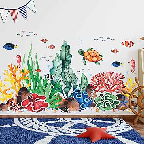 LiveGallery Coral Seaweed Wall Sticker Ocean Life Wall Decals Shell Conch Hippocampus Sea Turtle Tropical Fish Marine Plants Wall Decorations for Kids Bedroom Living Room Nursery Office