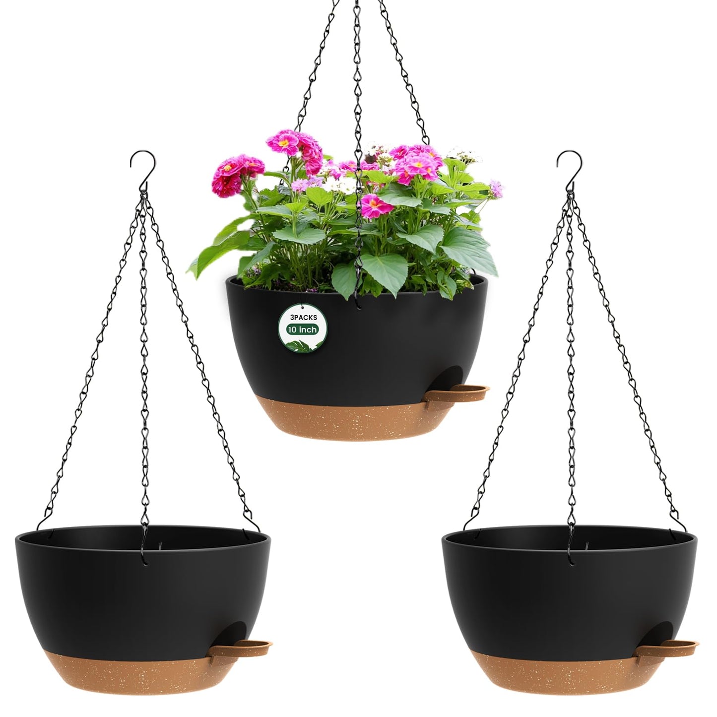 3 Pack 10 Hanging Flower Pots with Chains Self Watering Plastic Planters for Indoor Outdoor Plants, Sturdy Triangular Iron Chain Design for Garden PorchPlastic hanging flower pots (3, Black Brown)