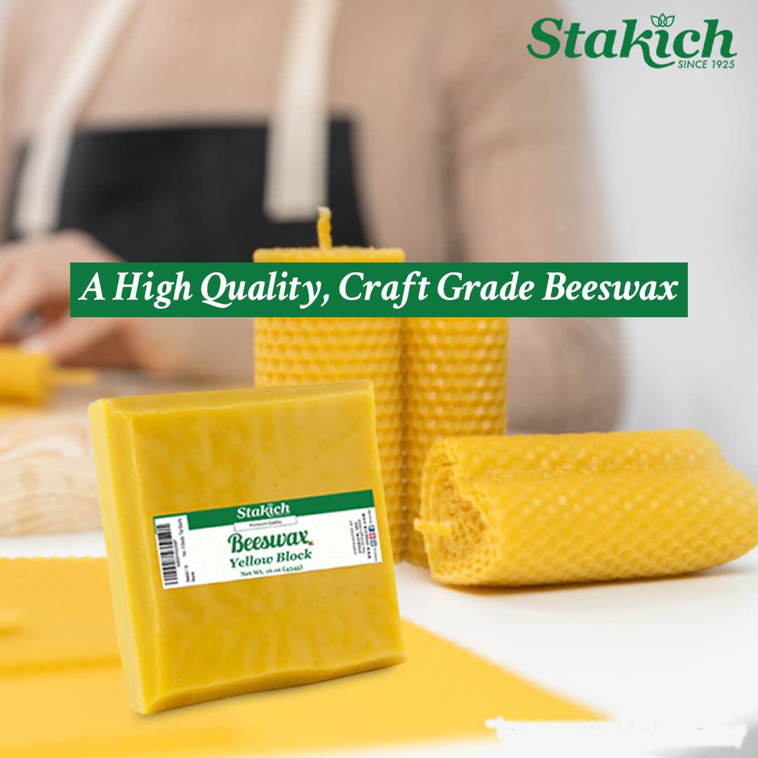 Stakich Yellow Beeswax Block - Natural, Triple Filtered, 1 lb, Honey Scent