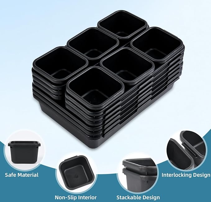 Kutesna 15 Piece Drawer Organizer Set, 3 Size Interlocking Plastic Storage Bins for Office Supplies, Jewelry Makeup Vanity, Bathroom Kitchen, Home Organization Closet, Gadgets Small Items, Black