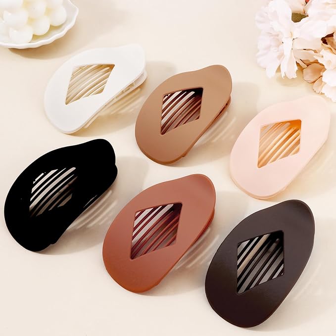 Large Flat Round Hair Clips Oval Claw Clips for Thick Medium Thin Hair 6Pcs Non Slip Strong Hold Barrettes Duckbill Accessories for Women Girls Matte Solid Neutral Color