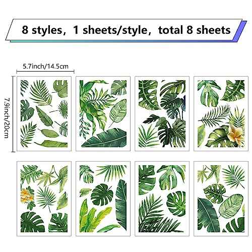 CRASPIRE 8 Sheets Green Leaf Window Stickers Tropical Leaves PVC Waterproof Self Adhesive Summer Wall Decals Natural Palm Plant Rectangle Removable for Stairway Home Decoration TV Wall Art