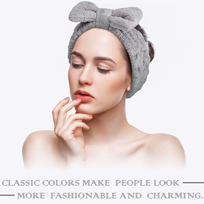 3 Pieces Towel Headbands for Women Makeup Headband for Washing Face Makeup Spa Headband, Microfiber Bowtie Shower Headband for Women (Light Gray)