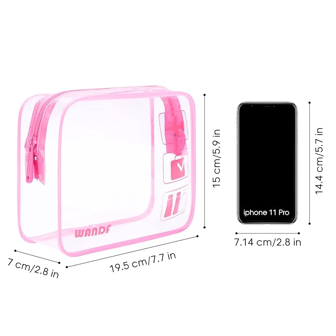WANDF TSA Approved Toiletry Bag, 2 Packs Travel Clear Toiletry Bag, Quart Size Makeup Cosmetic Pouch with Zipper, Carry-On Airport Compliant Bag for Women and Men (4pcs Pink)