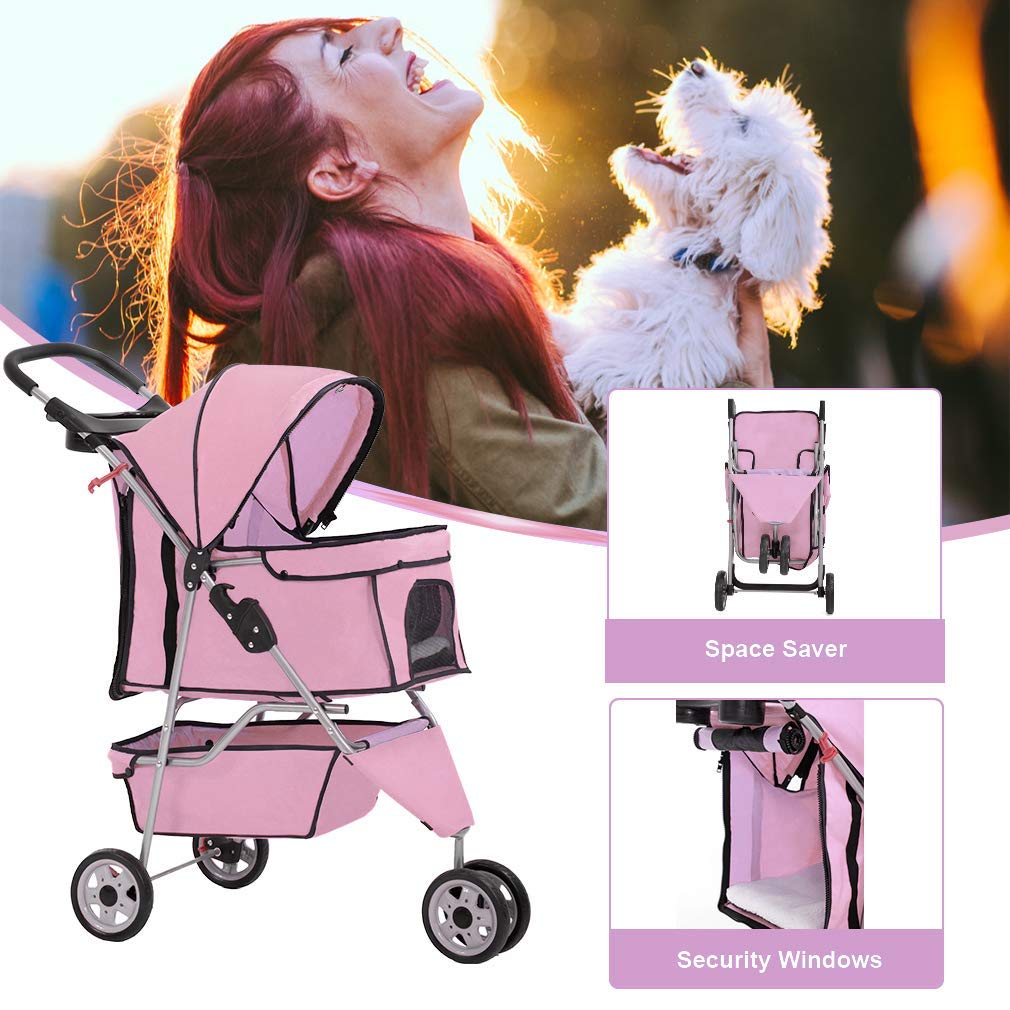 BestPet 3 Wheels Pet Dog Stroller Cat Cage for Medium Small Dogs Cats Travel Folding Carrier Waterproof Puppy Stroller with Cup Holder & Removable Liner,Pink