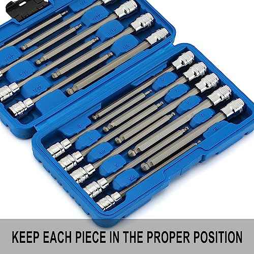 EMENTOL 18PCS 3/8" Drive Long Ball-End Hex Bit Socket Set, CR-V, S2 Steel, SAE/Metric, Extra Long Allen Bit Socket Set, 1/8 Inch - 3/8 Inch, 3mm - 10mm