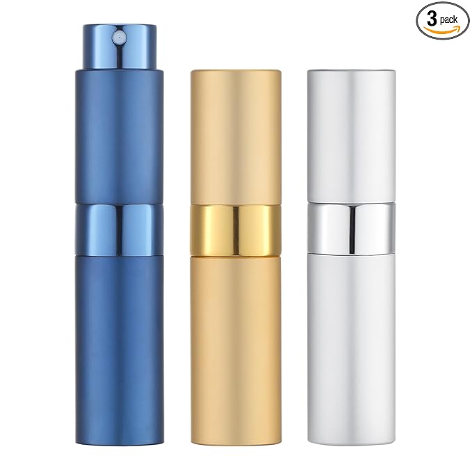 LISAPACK 8ML Atomizer Perfume Spray Bottle for Travel (3 PCS) Empty Cologne Dispenser, Portable Sprayer (Gold, Silver, Blue)