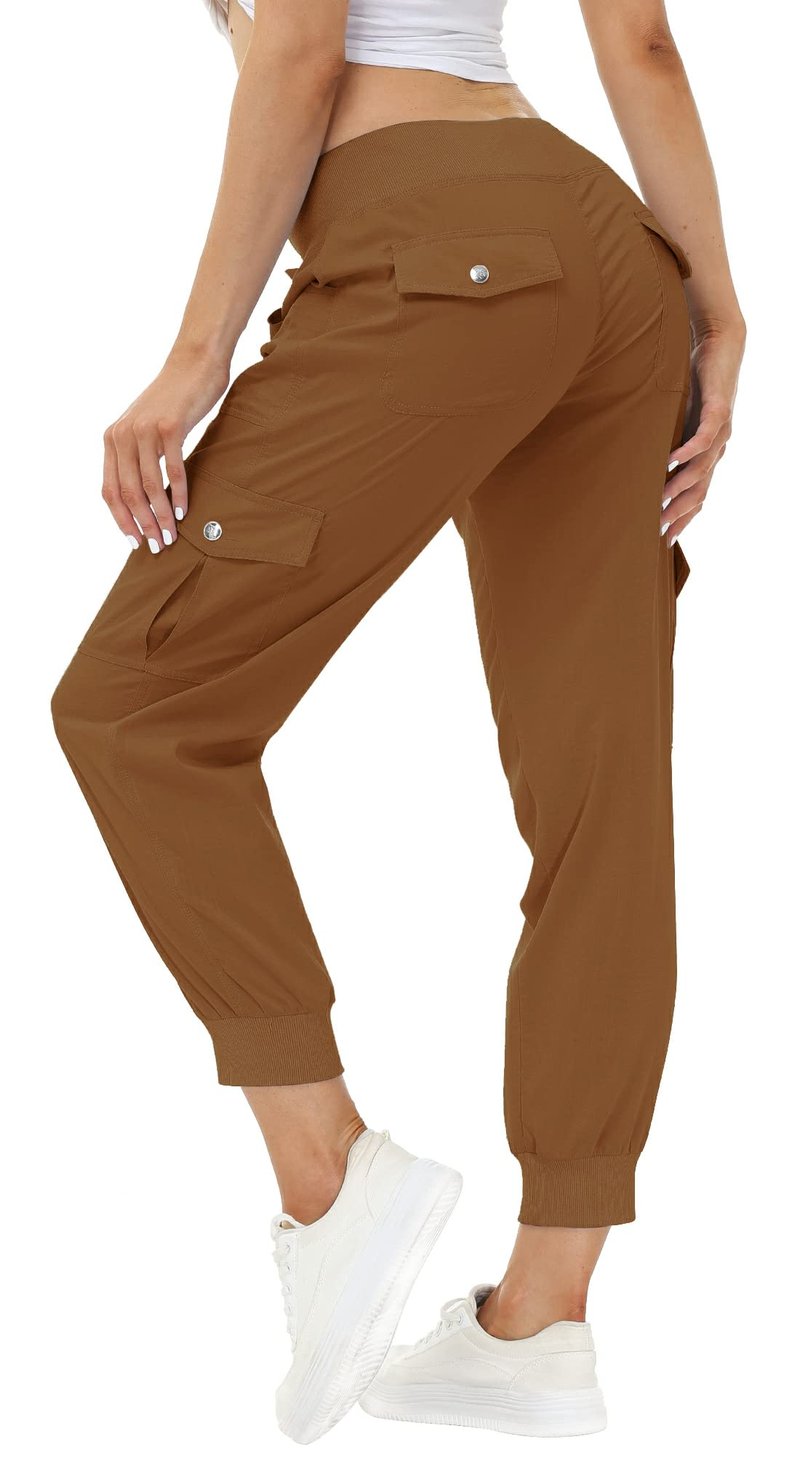 MoFiz Womens Lightweight Quick Dry Cargo Pants Outdoor Summer Travel Casual Sports Hiking Jogger Sweatpants Button Pockets Earthy Yellow 2XL