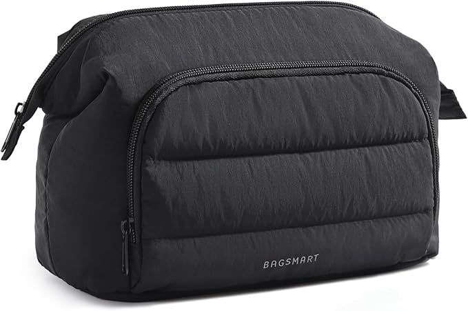 BAGSMART Travel Makeup Bag, Cosmetic Bag Small Make Up Organizer Case,Wide-open Pouch for Women Purse for Toiletries Accessories Brushes,Large Beige