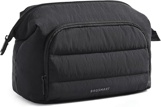 BAGSMART Travel Makeup Bag, Cosmetic Bag Small Make Up Organizer Case,Wide-open Pouch for Women Purse for Toiletries Accessories Brushes,Large Beige