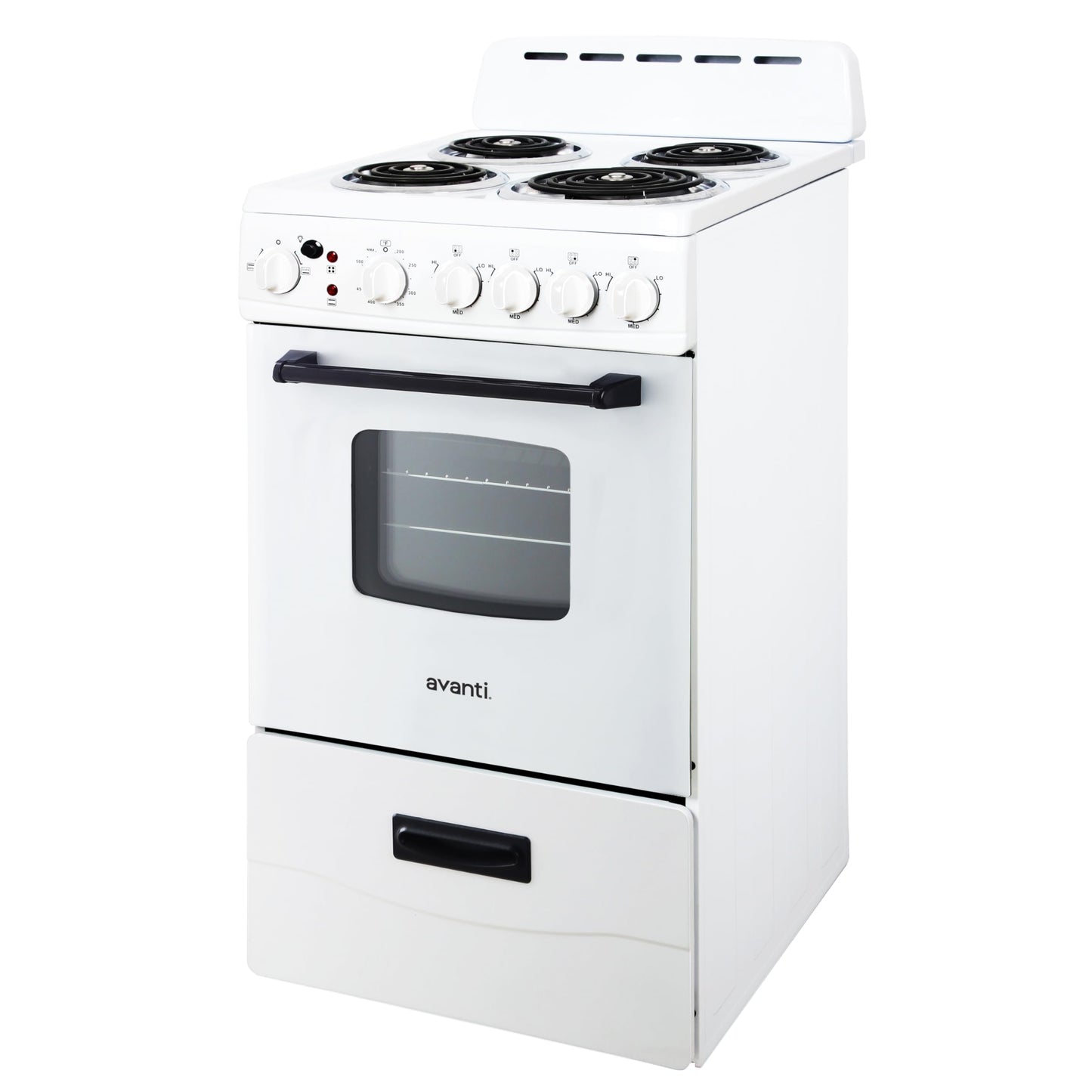 Avanti Electric Range Oven Compact Design, 2.1-Cu.Ft. Capacity with 4 Coil Burners, Framed Glass Oven Door, Storage Drawer and Broiler with Pan, 20-Inch, White