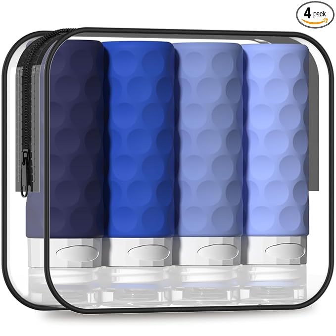 Silevoler Travel Bottles for Toiletries, 4pcs Tsa Approved 3oz Travel Size Containers, BPA Free Leak Proof Premium Silicone Bottles, Refillable Liquid Squeezable Accessories W/Toiletry Bag (Blue)