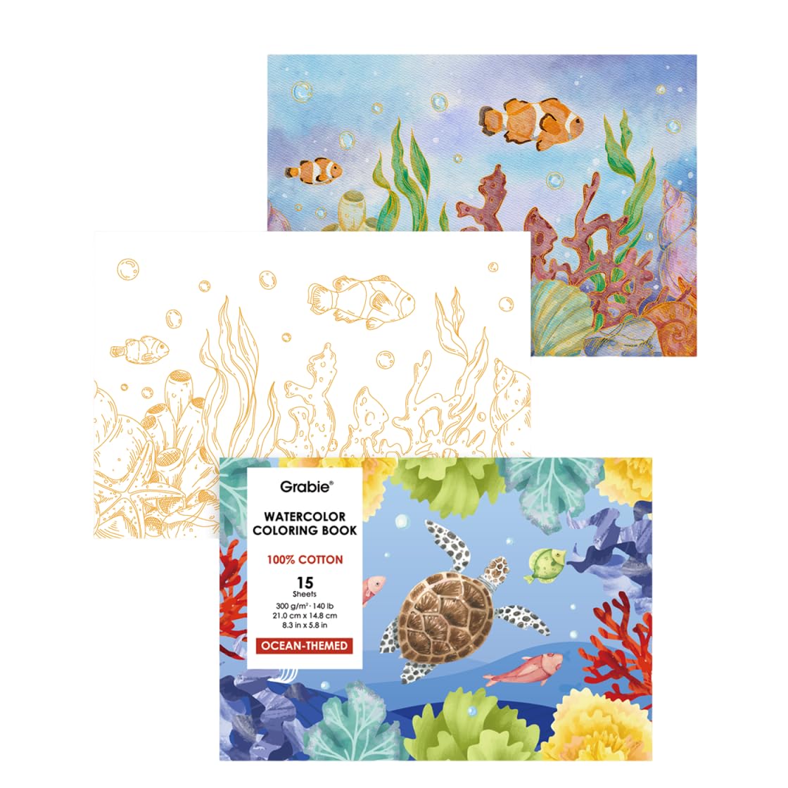Grabie Watercolor Coloring Book, 15 Sheets A5 (8.3 x 5.8),Watercolor Book for Adults: Ignite Your Artistic Expression on 100% Cotton Paper (Ocean)