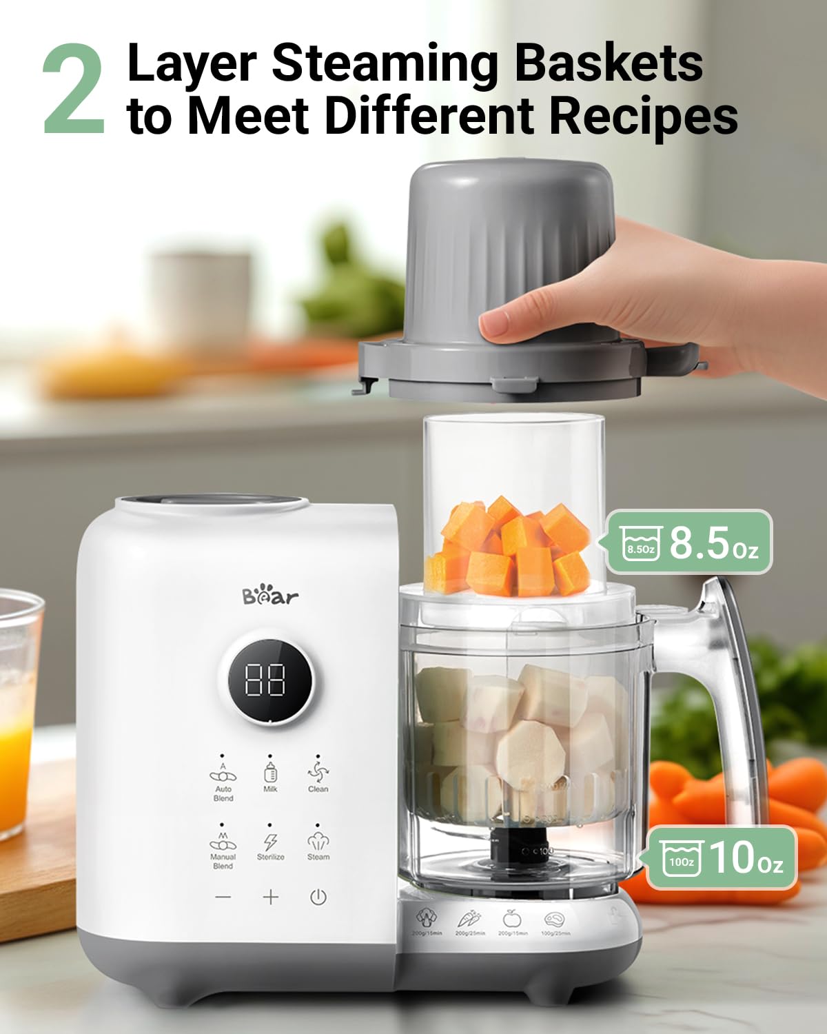 Bear Baby Food Maker with 18.5oz Dual-Layer Steam Baskets, OneStep Baby Food Processor Steamer Puree Blender Grinder Mills, Auto Cooking Grinding&Sterili-zing for Healthy Homemade Baby Food, BPA-Free