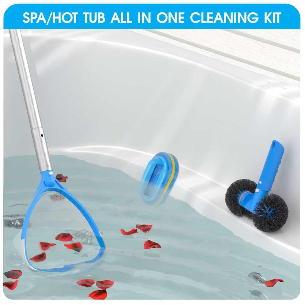 TidyMister 4-in-1 Spa Cleaning Set - Hot Tub Small Pools Maintenance Accessories Kit with Skimmer Net Round Brush Scrubber and 2ft Pole