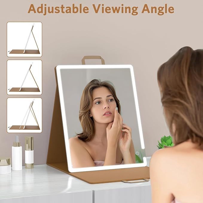 WEILY Large-Sized Makeup Mirror with 72 LED Lights, Touch Screen Three Colors Dimmable Lighted Makeup Mirror, 2000 mAh USB Rechargeable Lighted Vanity Mirror,Compact Travel Mirror (Khaki)