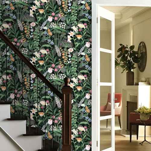Tomete Boho Vintage Peel and Stick Wallpaper, Floral Wallpaper, Dark Green Black Flower Contact Paper for Cabinets and Drawers, Retro Renter Friendly Sticker, Waterproof, Self Adhesive, Removable