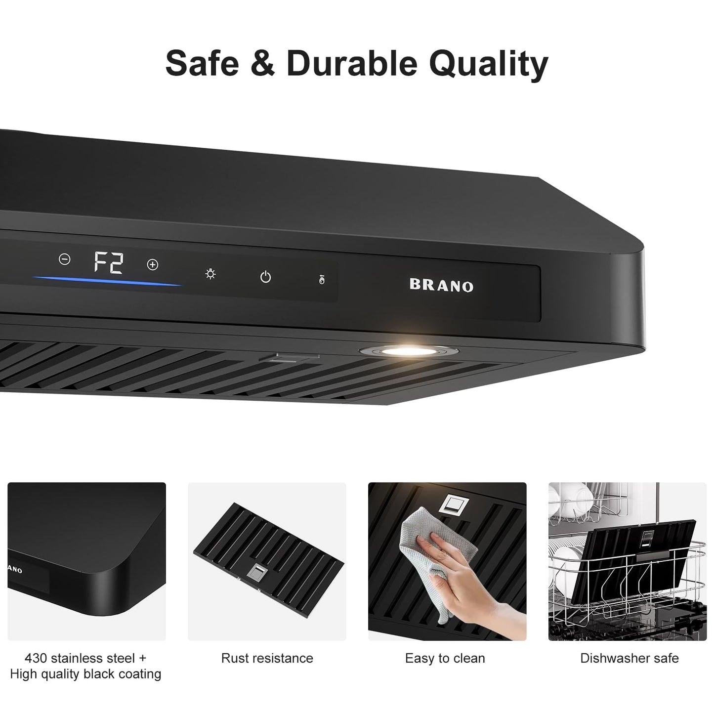 BRANO 30 Inch Under Cabinet Range Hood with Voice/Gesture/Touch Control, 900 CFM Kitchen Vent Hood with 4-Speed Exhaust Fan, Stainless Steel Stove Hood with LED Lights, Baffle Filters