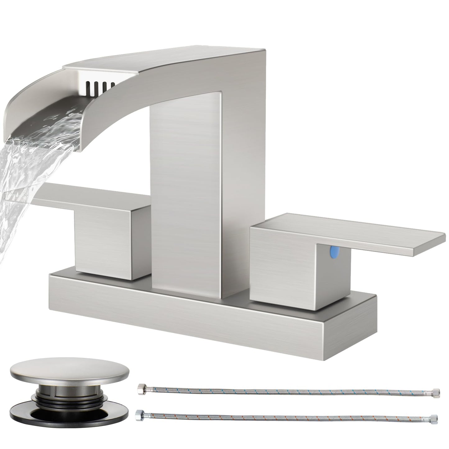 Cobbe Waterfall Bathroom Faucets 3 Hole, Brushed Nickel Bathroom Sink Faucet Square 4 Inch Centerset with Pop-Up Drain, 2 Handle and 2 Supply Hoses, Lead-Free Stainless Steel for Vanity Sink Rv