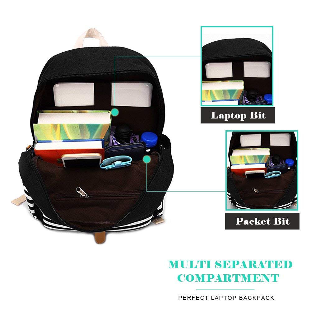 SCIONE Backpacks for Women Teen Girls, Big Kid Large Capacity Book Bag with USB Charger Port,Cute Canvas Bookpack -Durable Black Stripe Backpack,Travel Laptop Backpack,Back to School Gift for Girls