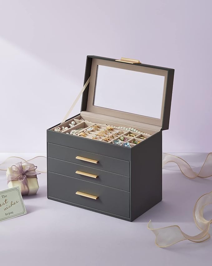 SONGMICS GISELLA Collection - Jewelry Box Organizer, 4-Layer Jewelry Storage with 3 Drawers, Shiny Metal Hardware, Glass Lid, Modern, 6 x 9.9 x 8.5 Inches, Gray and Gold Color UJBC161C01