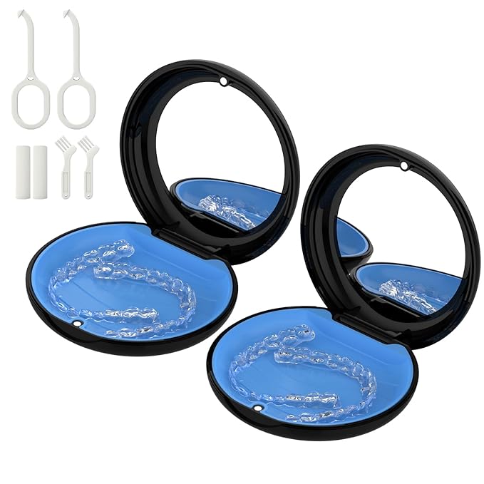 2 Pack Retainer Case with Mirror, Compatible with Invisalign, Slim Aligner Case for Travel, Includes Removal Tools, Seaters & Brush, Magnetic Secure Closure Retainer Box - Black