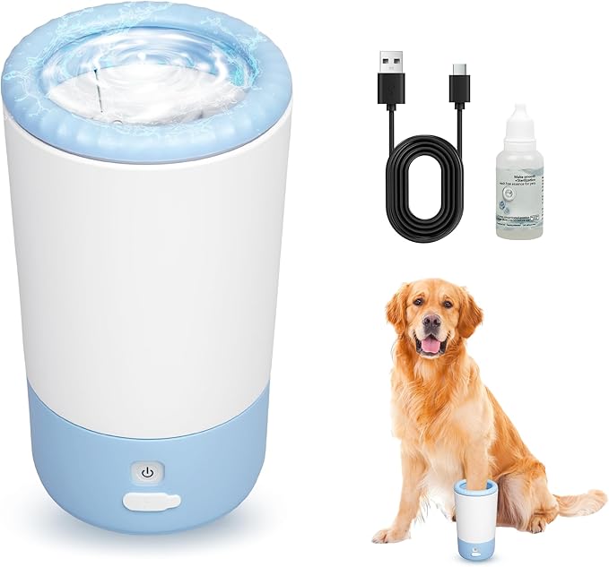 PETCHO Electric Dog Paw Cleaner Cup – Automatic 360° Pet Paw Washer, Rechargeable & Quiet Paw Cleaning Device with Soft Silicone Bristles, Portable Pet Foot Washer for Medium Large Dogs (Blue)