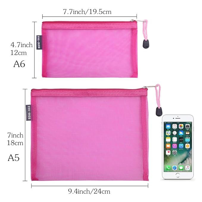 HRX Package Nylon Mesh Makeup Bags with Zipper, 6PCS Cosmetic Pouches Travel Organizer Case Hot Pink for Purse Diaper Bag (A5 x 3pcs, A6 x 3pcs)