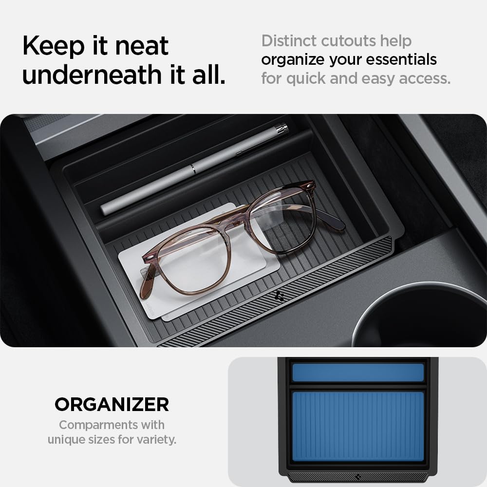 Spigen Center Console Organizer for Tesla Model Y Juniper (Only Premium & Performance 2026) and Model 3 Highland (Standard, Premium & Performance 2024/25/26) with Smooth Slide Technology - [Sliding]