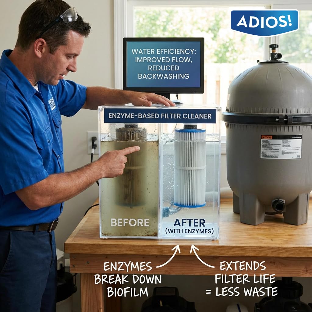 ADIOS! Pool Filter Cleaner, Deep Cleaning Soak Solution for Cartridge, Sand and DE Filters – Degreases and Restores Media - 128oz (Gallon)
